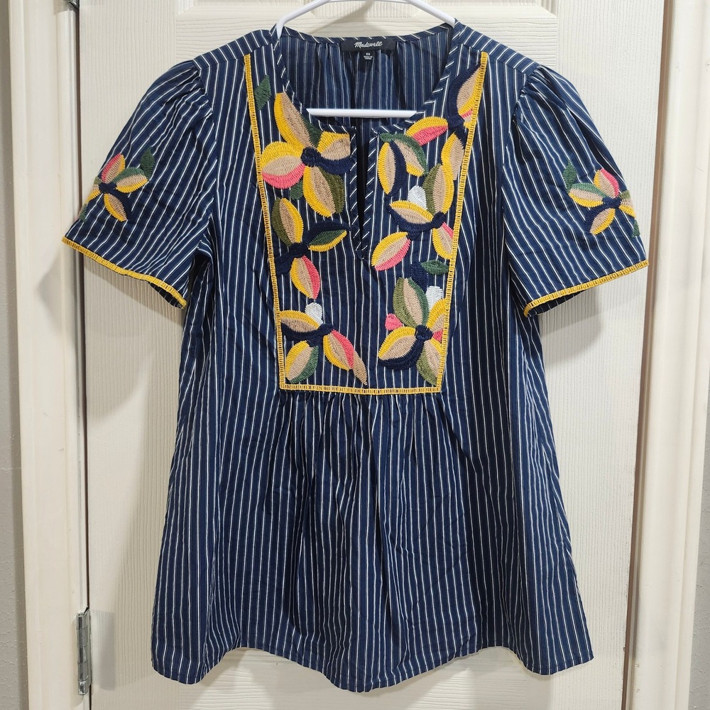 Madewell Embroidered Pinstripe Blouse Navy Blue White Floral Cotton Top XS